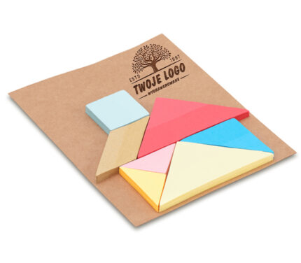 Zestaw kolorowych samoprzylepnych karteczek memo, w kształcie domku. Karteczki w siedmiu różnych rozmiarach i kształtach po 60 sztuk każdy. Domek umieszczony na prostokątnym kartoniku.