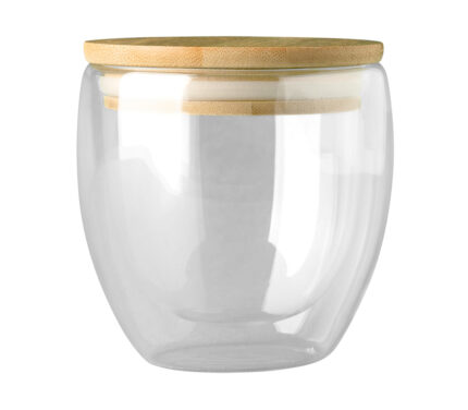 Dwuściankowa szklanka ze szkła borokrzemowego z bambusową pokrywką. Pojemność 300ml.